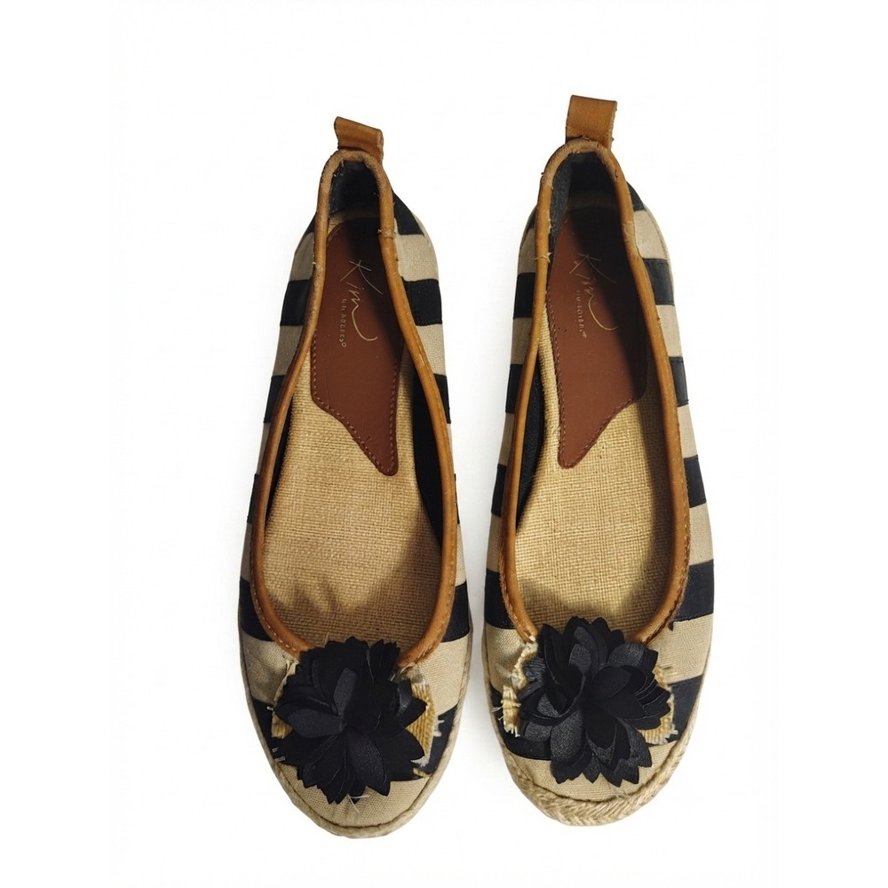 Kim Rogers Gabby Striped Espadrille Flats Black Tan Floral Applique Womens 8M